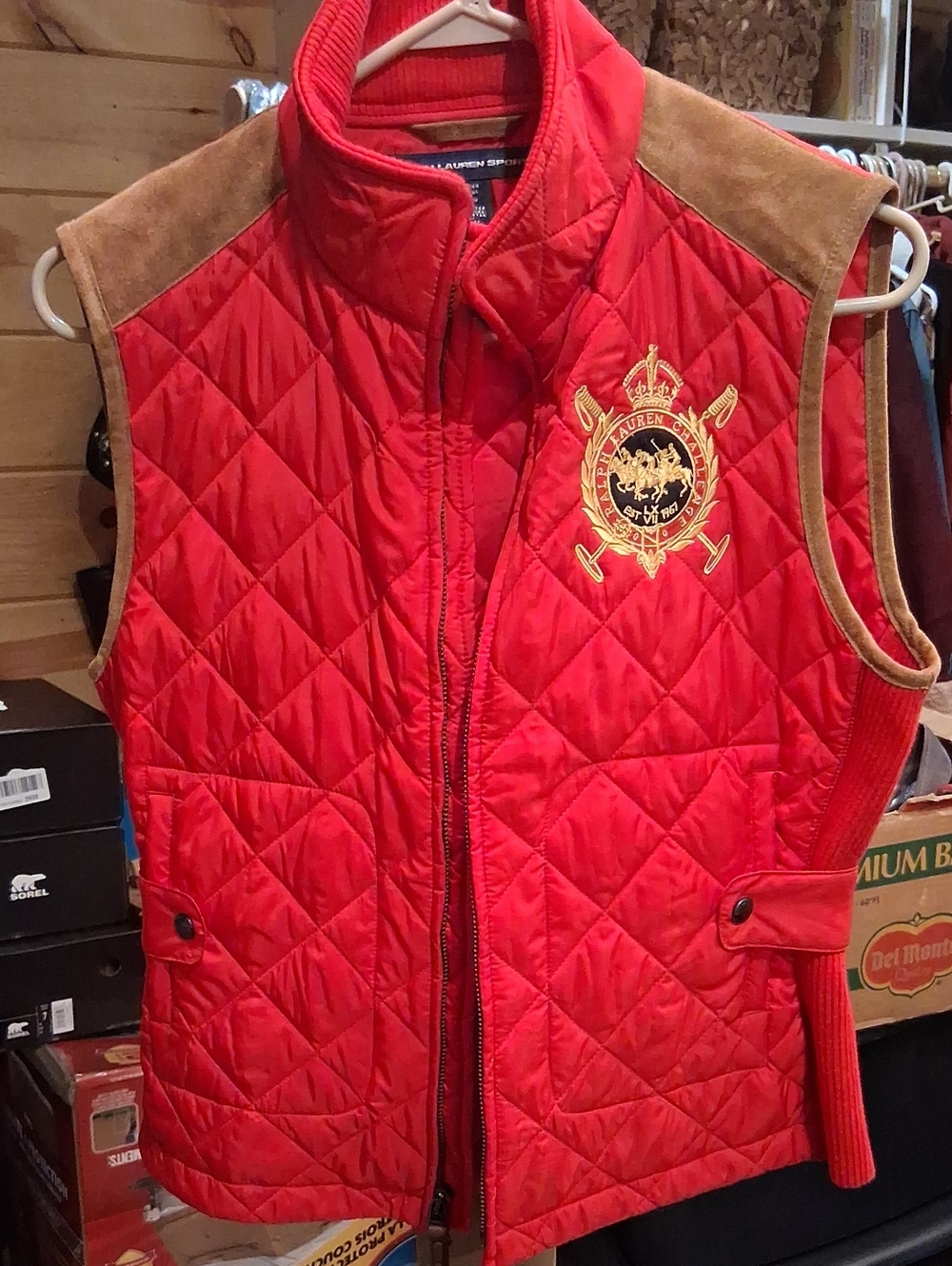 Ralph Lauren Red Quilted Crest Vest with Suede Shoulders